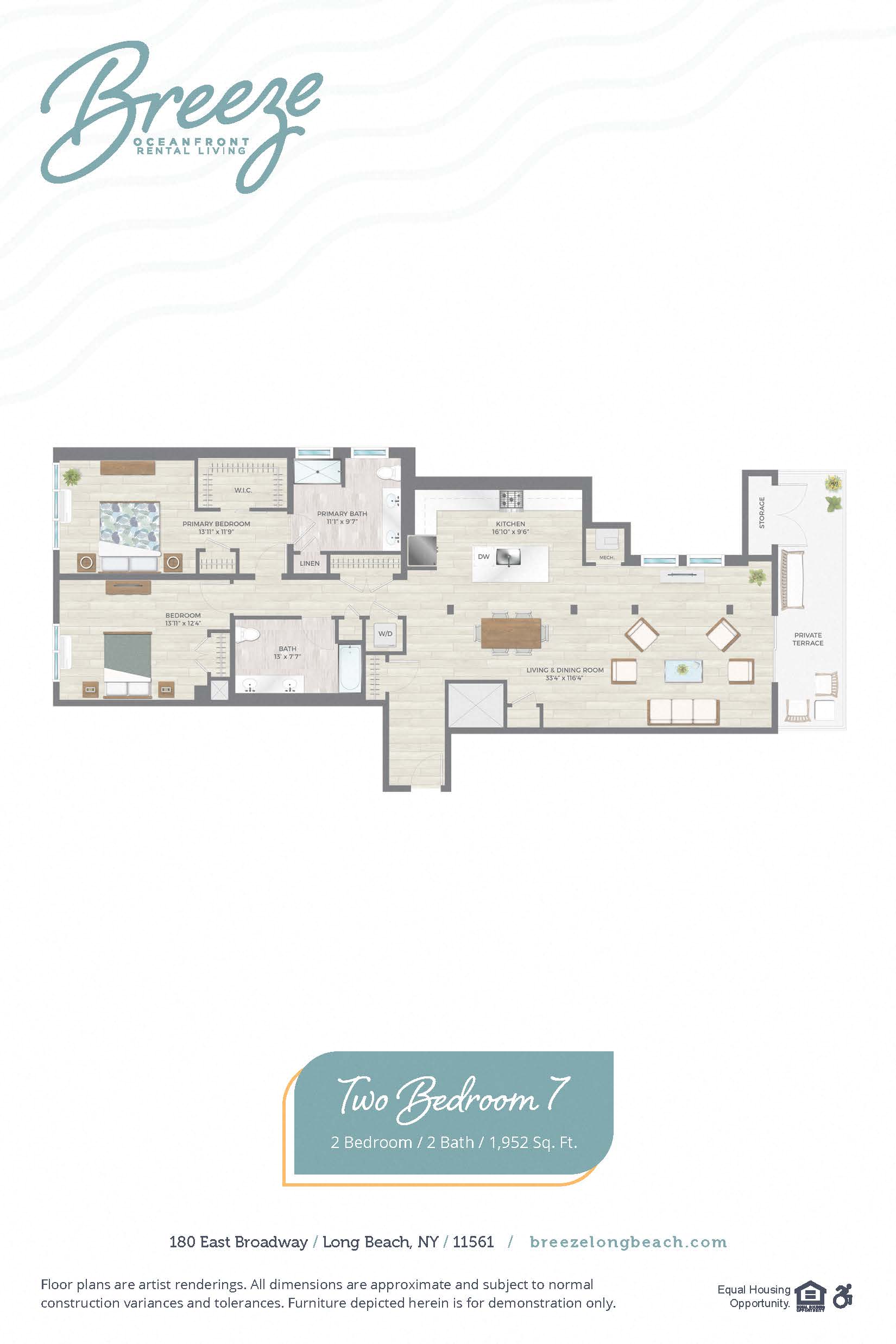Floor plan for 2 beds, 2 baths, 1952 sqft